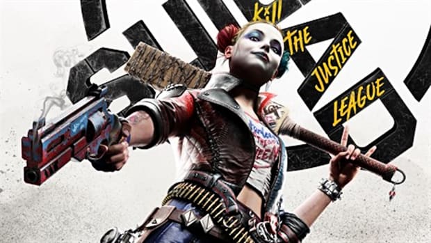 Kill the Justice League's Harley Quinn is pointing a shabby-looking smoking pistol at the ground while toting a large paddle bat on her back